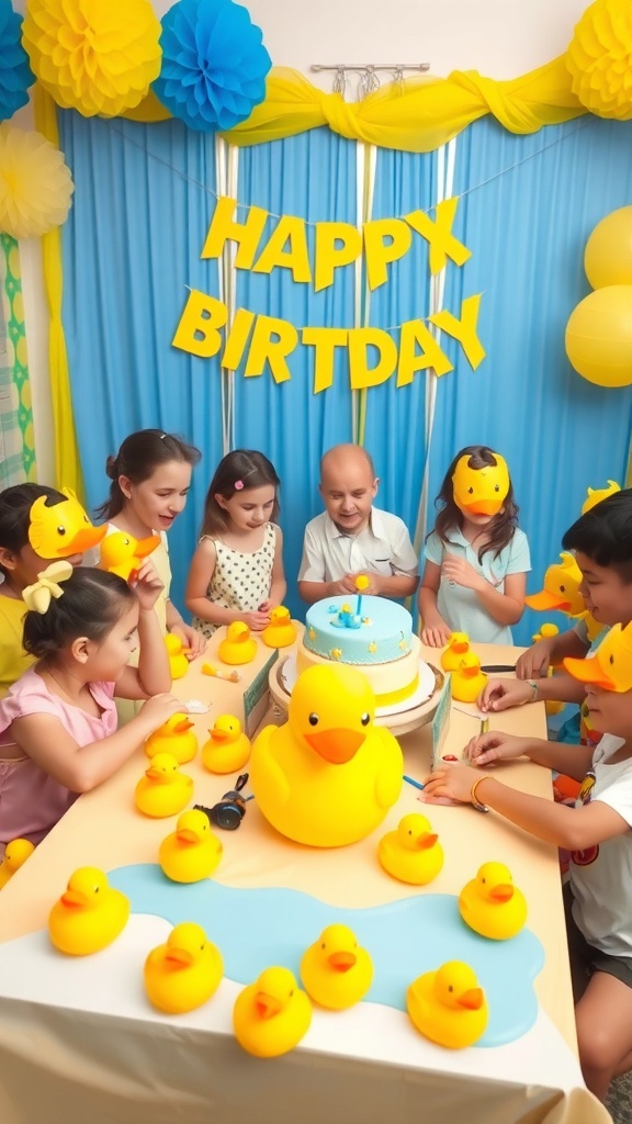 A colorful duck-themed birthday party for a 2-year-old boy with decorations, cake, and children playing.